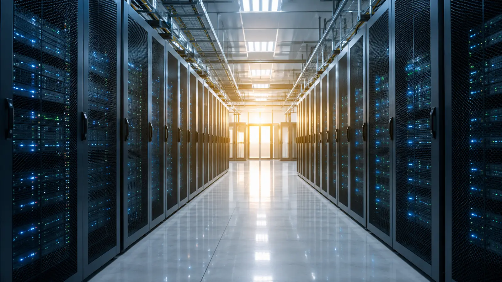 밝은 조명 아래 가지런히 늘어선 데이터센터 서버 랙과 반짝이는 바닥, 통로 끝의 따뜻한 빛
