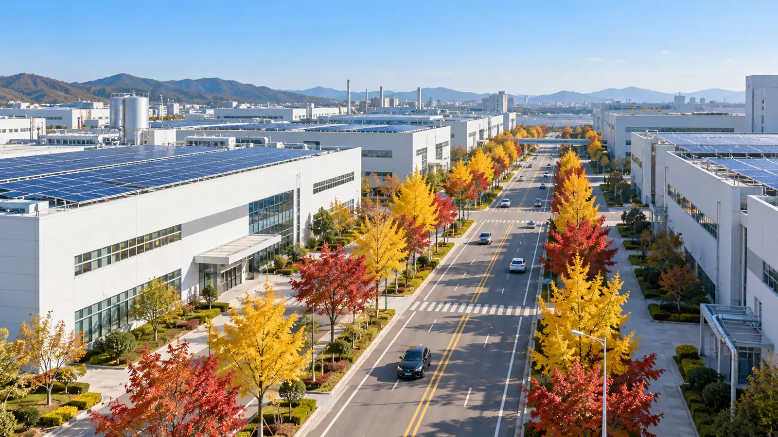 맑은 가을 아침 단풍 든 가로수 옆으로 늘어선 반도체 산업단지의 흰 공장 건물들
