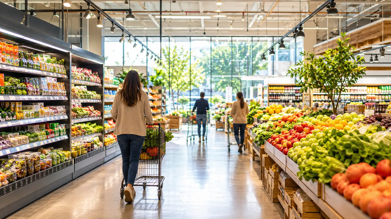 낮 시간 대형마트 매장 — 상품이 채워진 넓은 통로와 카트를 미는 사람들의 뒷모습